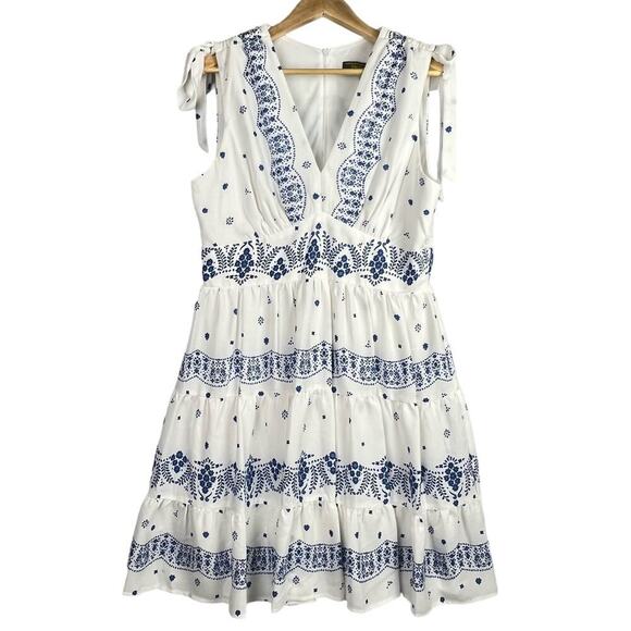 EUC Melonie T 14 White/Blue Tiered Bow Tie Shoulders Fit and Flare Flowy Dress - Picture 1 of 11